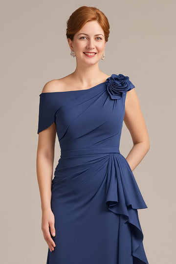 Fourreau bleu marine une épaule volanté longue mère de la mariée robe avec fleur 3D